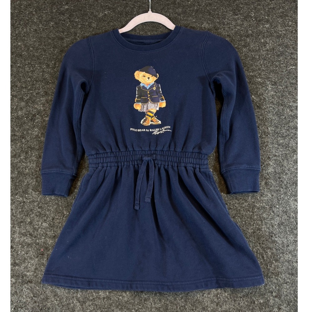 Ralph Lauren Polo Bear Navy Blue Fleece Sweatshirt Dress Girls Medium Drawstring